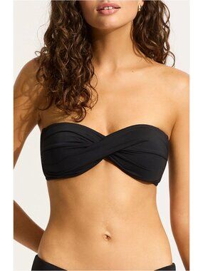 Quintsoul - Black Ruched Twist Tie Bandeau Bikini Top - Removable Straps - Large